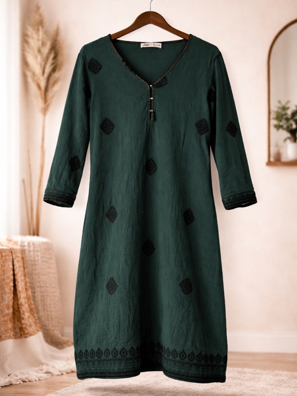 Zara Green Embroidered Tunic Dress Boho 3/4 Sleeve Size L